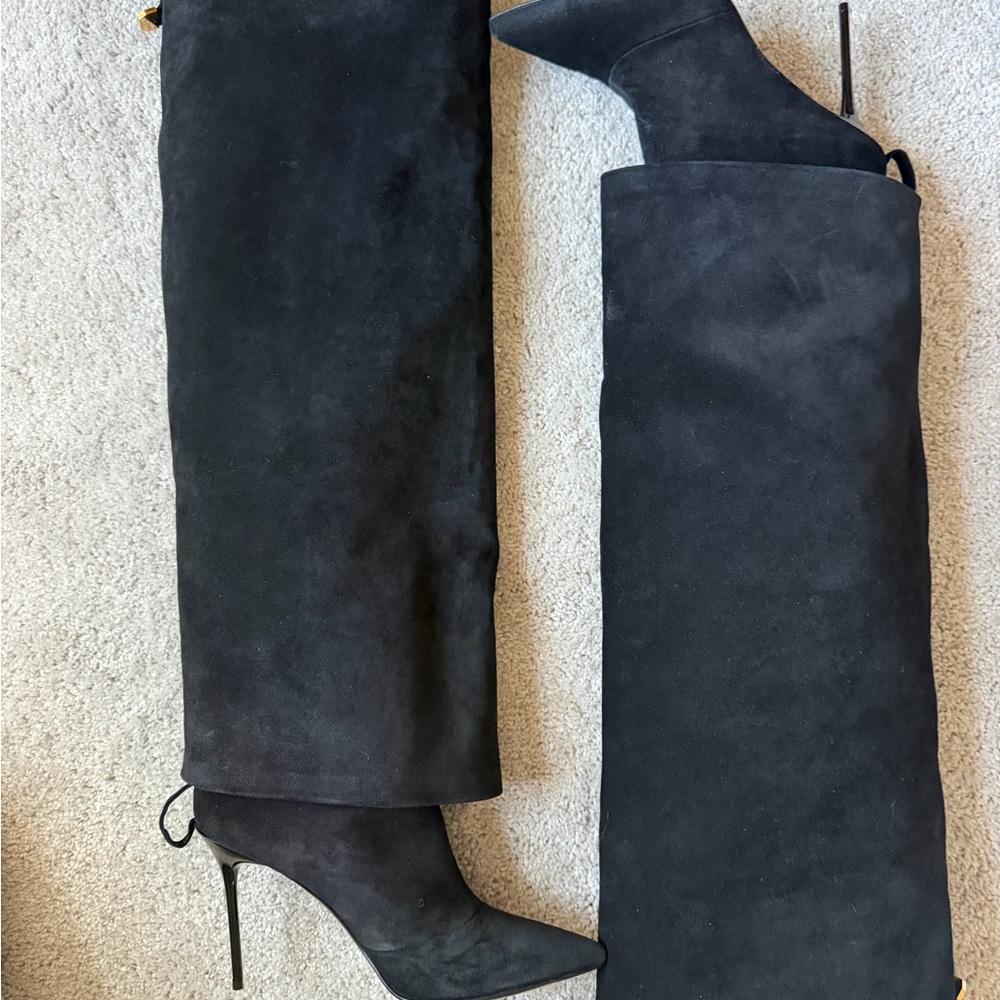 Balmain Ariel Black Over-the-Knee Suede Pointed-Toe Stiletto Boots